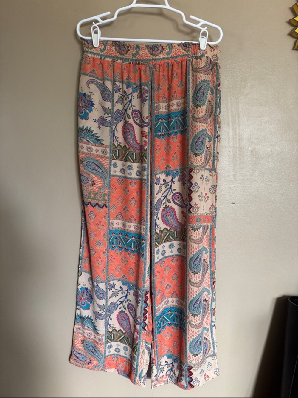 Rose & Olive Coral Paisley Patchwork Wide Leg Pants